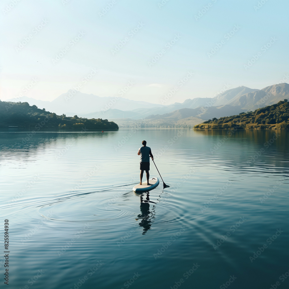  Paddleboarder Standing on a Lake Front View Calm Waters