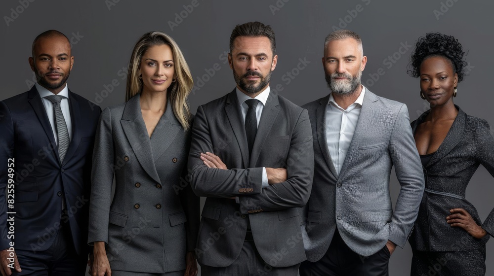 A group of diverse business professionals in suits posing for a photo. They are all smiling and looking at the camera. A group of diverse business professionals in suits posing for a photo. They are all smiling and looking at the camera.