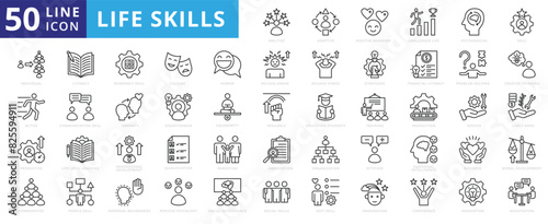 Life Skills icon set with adaptive, positive behavior, challenges life, psychosocial, individual, active and productive.