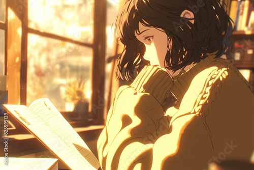 Anime-style illustration of a woman reading a book by the window with golden sunlight filtering through