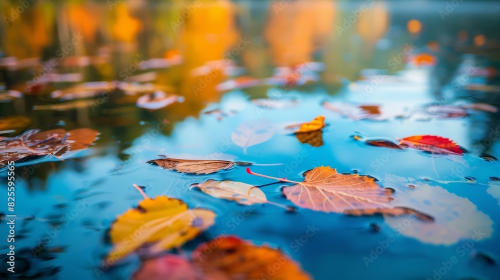 Autumn leaves floating on a calm lake, mirrorlike reflection of colorful foliage, serene and tranquil setting, highdefinition seasonal landscape photography, Close up