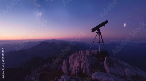 Astronomy telescope set up on a mountain peak, twilight sky with planets and stars, clear and crisp atmosphere, highdefinition stargazing photography, Close up photo