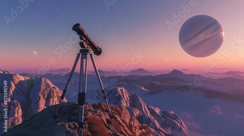 Astronomy telescope set up on a mountain peak, twilight sky with planets and stars, clear and crisp atmosphere, highdefinition stargazing photography, Close up photo