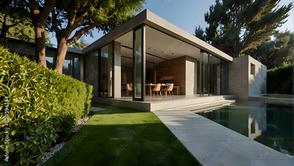 HD shot of a contemporary home featuring clean lines, open spaces, and a landscaped yard