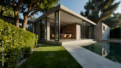 HD shot of a contemporary home featuring clean lines, open spaces, and a landscaped yard © Imdad