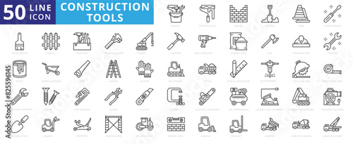 Construction Tools icon set with bucket, paint roller, bricks, shovel, cone, screw driver, brush, paint and adjustable wrench.