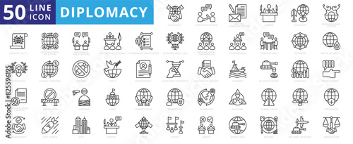 Diplomacy icon set with comprises spoken, written communication, leader, diplomats, international system and foreign policy. photo