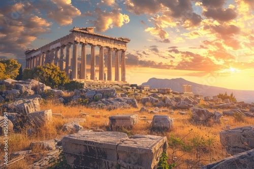 Ancient Greece ruins at sunrise. Greek temple and mountain against cloudy sky photo