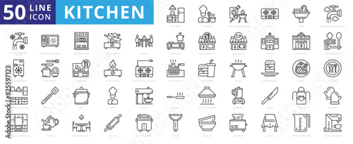 Kitchen icon set with cooking, food preparation, stove, sink, hot, cold running water, refrigerator and cabinets.
