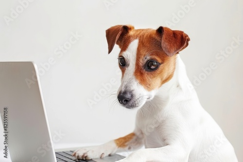 An endearing Jack Russell Terrier engrossed in work on a laptop. © Ghiska