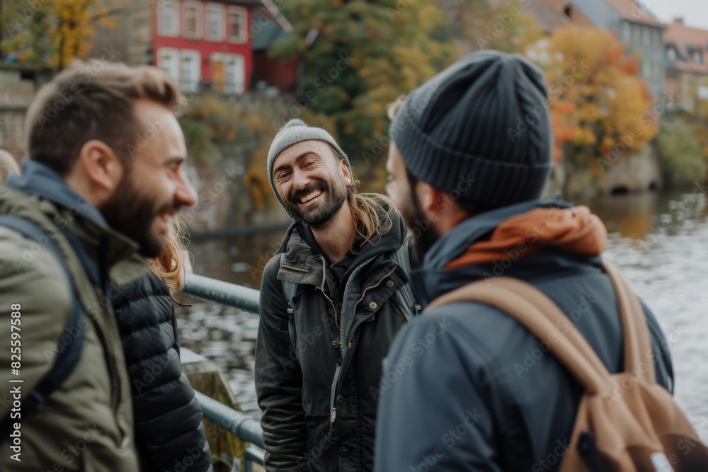 Two friends talking and laughing on the riverside. Men talking and laughing. Two friends talking and laughing on the riverside. Men talking and laughing.