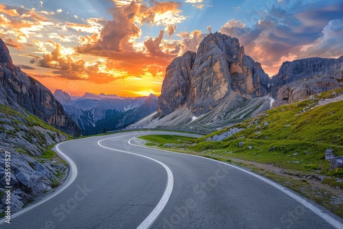 Mountain road at colorful sunset in summer. Dolomites, Italy. Beautiful curved roadway, rocks, stones, blue sky with clouds. Landscape with empty highway. Travel - generative ai