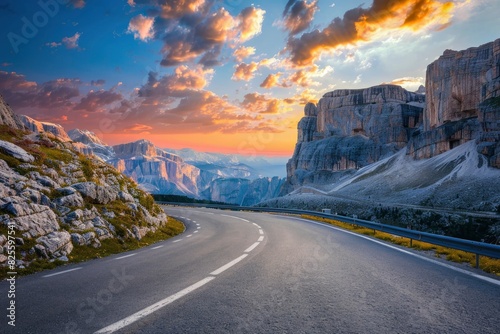 Mountain road at colorful sunset in summer. Dolomites, Italy. Beautiful curved roadway, rocks, stones, blue sky with clouds. Landscape with empty highway. Travel - generative ai photo