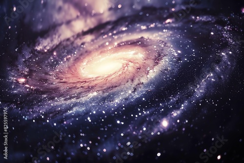 Spiral galaxy in deep space close up, focus on, copy space, vibrant colors, double exposure silhouette with stars