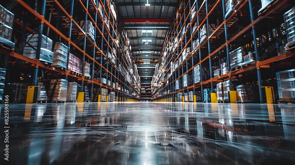 A large warehouse with rows of shelves. A large warehouse with rows of shelves.