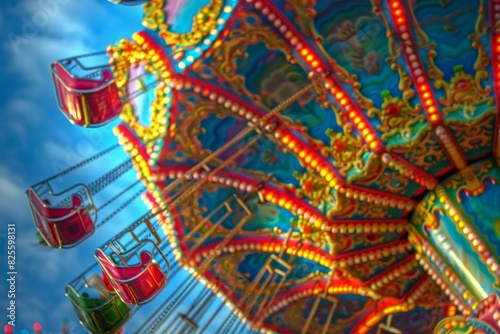 Blurred motion of a carousel ride illuminated by vibrant lights against a blue sky