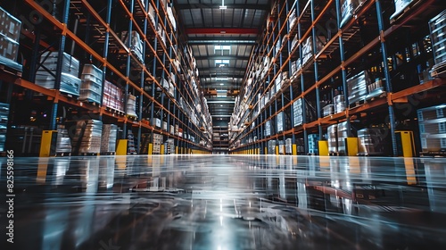 A large warehouse with rows of shelves.