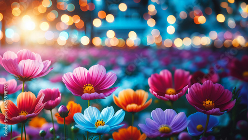 Vibrant flowers set against a bokeh background 