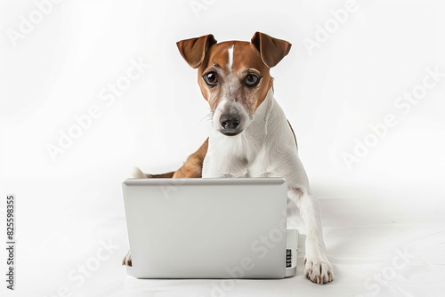 An endearing Jack Russell Terrier engrossed in work on a laptop. © Ghiska