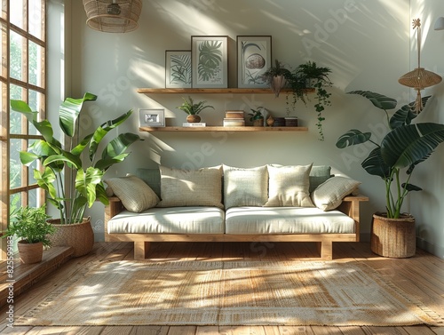 Cozy living room with wooden furniture, indoor plants, and sunlight streaming through large windows creating a serene atmosphere.