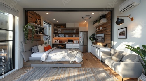 Modern studio apartment with a cozy bed  workspace  and natural light. Ideal for urban living and efficient use of space.