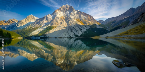 A lake with mountain reflection