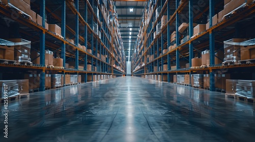 A large warehouse with rows of shelves.