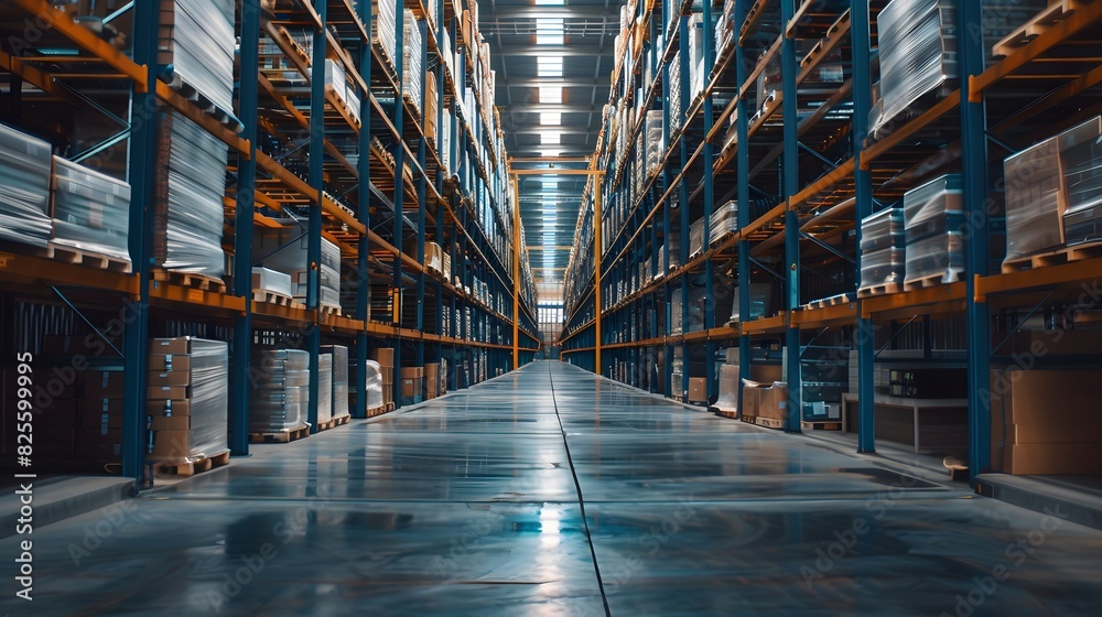 A large warehouse with rows of shelves. A large warehouse with rows of shelves.