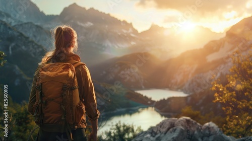 Young woman with backpack looking to nature valley, mountains and tranquil sunrise. Travel, nature concept.