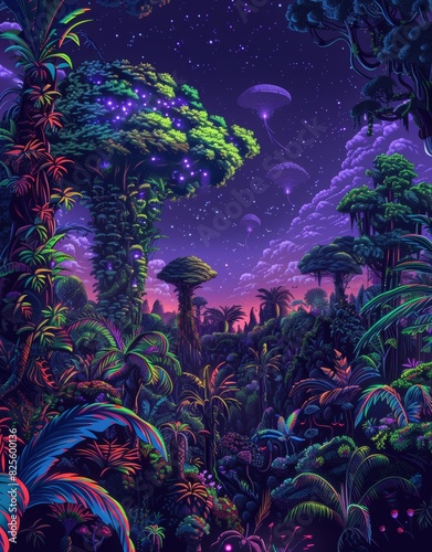 A colorful jungle scene with trees and vines