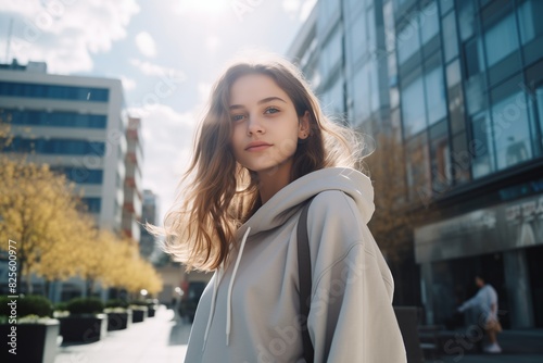 Normcore stylish portrait of a pretty modern teenager in a city. Cinematic feel photo