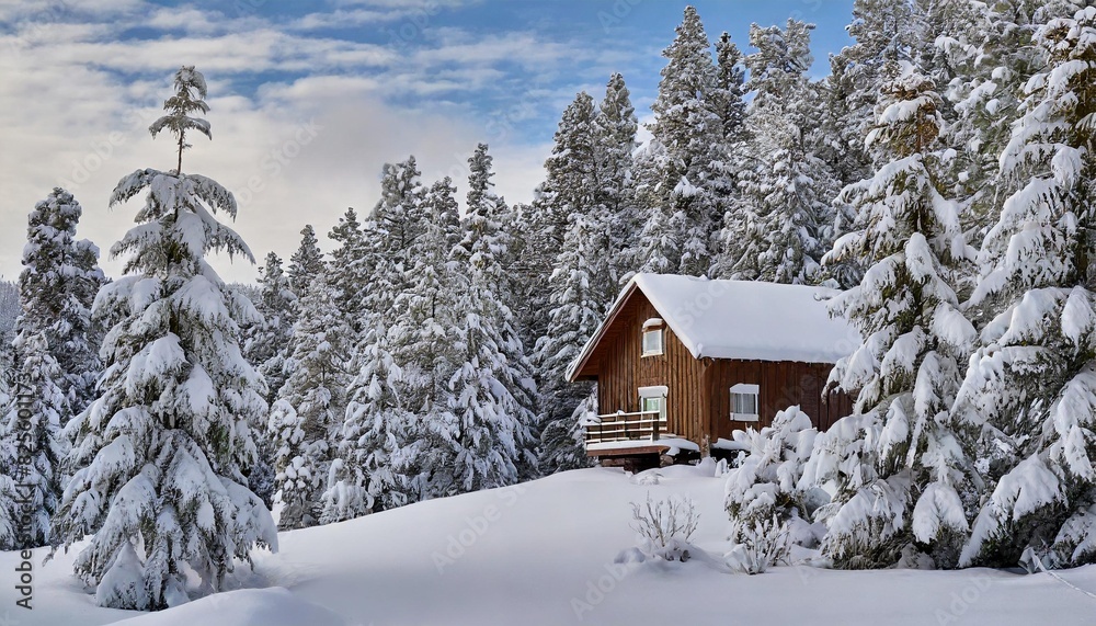 A serene winter landscape: a lone cabin nestled amidst snow-covered pines.