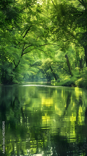 Tranquil River Flowing Through Lush Forest with Sunlight Filtering through Trees Reflecting on Calm Water
