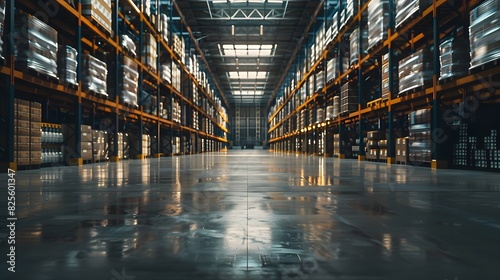 A large warehouse with rows of shelves.