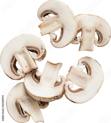 Freshly sliced white mushrooms isolated on transparent background. photo