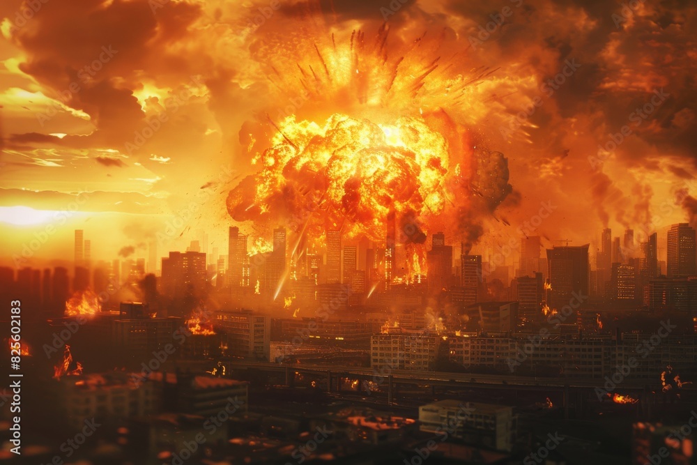 Fototapeta premium A fiery explosion engulfs a city skyline, casting an ominous glow on the burning