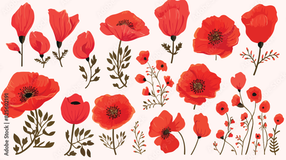 Red poppy decorative elements set with bright fresh