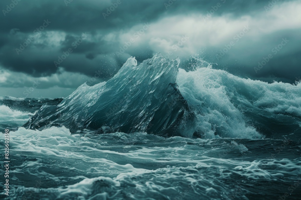 A large iceberg breaks through stormy waves, with a dramatic sky overhead. A large iceberg breaks through stormy waves, with a dramatic sky overhead.
