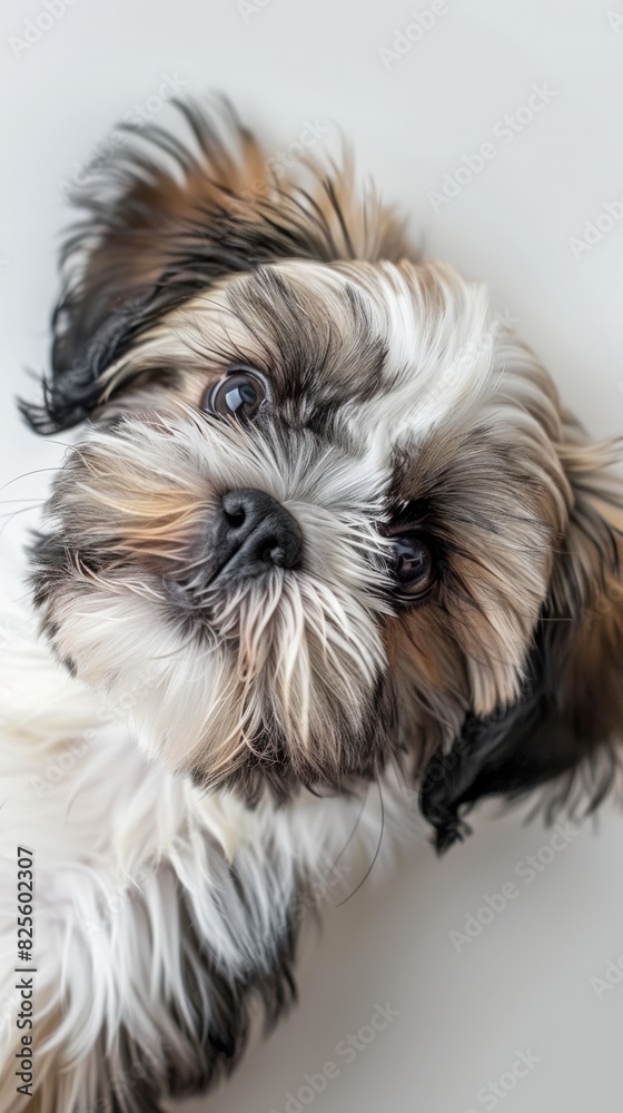 A small dog with brown and white fur is looking at the camera A small dog with brown and white fur is looking at the camera
