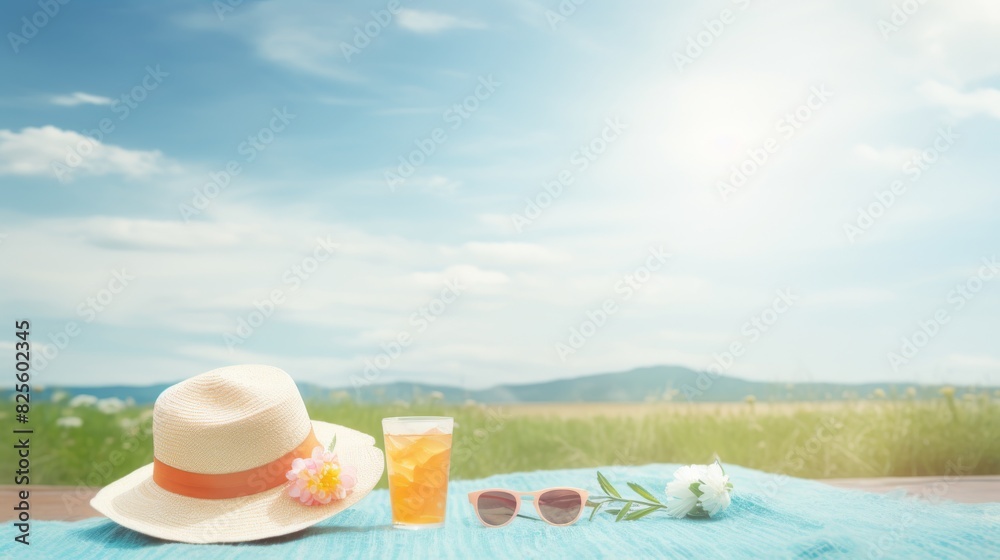 A straw hat, sunglasses, and a glass of iced tea sit on a blue blanket against a sunny sky and lush green hills. A straw hat, sunglasses, and a glass of iced tea sit on a blue blanket against a sunny sky and lush green hills.