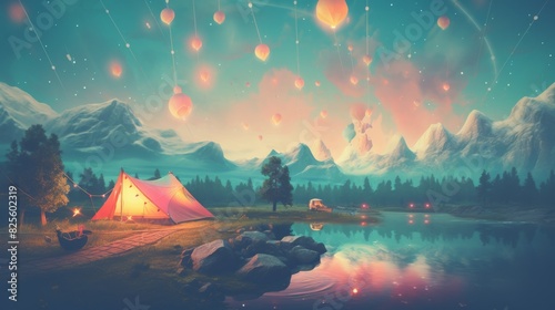 A serene campsite nestled by a lake, surrounded by majestic mountains and a sky filled with glowing lanterns and shooting stars. photo