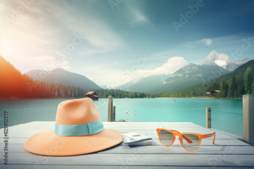 A straw hat and sunglasses rest on a wooden dock overlooking a tranquil mountain lake. The sun shines brightly in the sky. photo