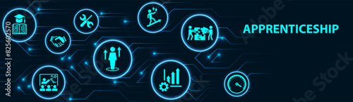 Apprenticeship vector illustration. Blue banner related to apprentice, intern or trainee mentoring program, job training or coaching, training on the job, vocational or practical learning