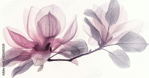 Fototapeta Naklejka Na Ścianę i Meble -  Watercolor X-ray magnolia flower and leaves.