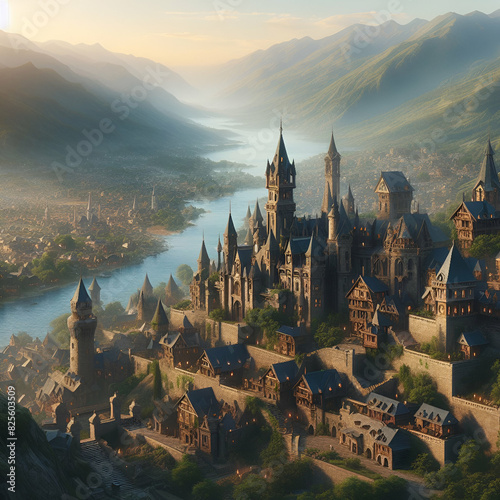 Ancient Mystical Magical Medieval Dark Architecture Fantasy City Fortress Building Castle Towers Ruins Built Loomed Over Hills with a View of the River Water and Mountains on Hazy Cloudy Day. Dracula