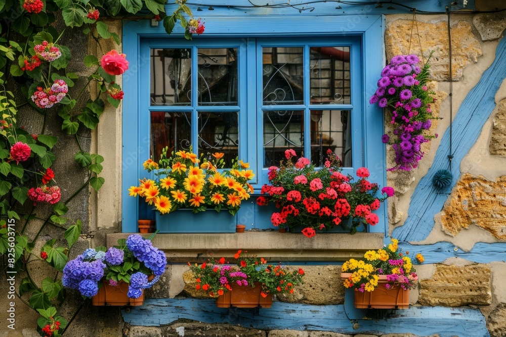 Vibrant floral arrangement on a quaint blue window of an old stone house