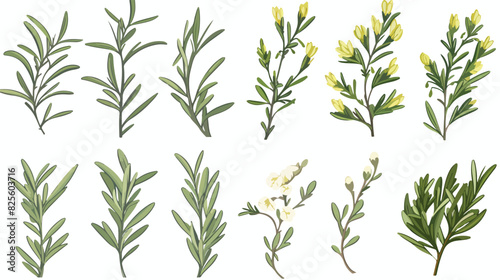 Rosemary branches and flowers collection hand drawn