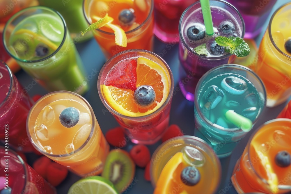 Vibrant collection of refreshing fruit cocktails garnished with fresh berries and citrus slices Vibrant collection of refreshing fruit cocktails garnished with fresh berries and citrus slices