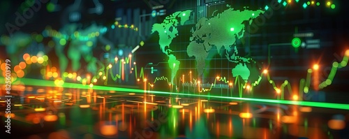 Digital interface displaying global market trends  holographic world map  vibrant colors  high resolution  futuristic design