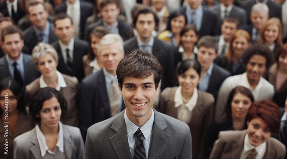 A group of business people are smiling, with one young businessman in the center of the frame facing forward. The crowd is standing and diverse, in business attire. generative AI A group of business people are smiling, with one young businessman in the center of the frame facing forward. The crowd is standing and diverse, in business attire. generative AI